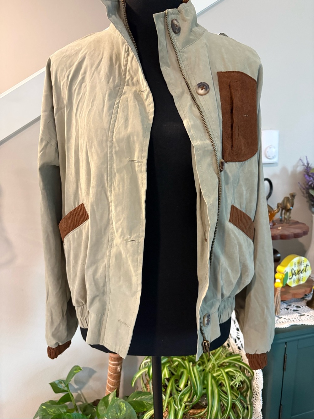 mine Sage Green Bomber Jacket with Brown Accents